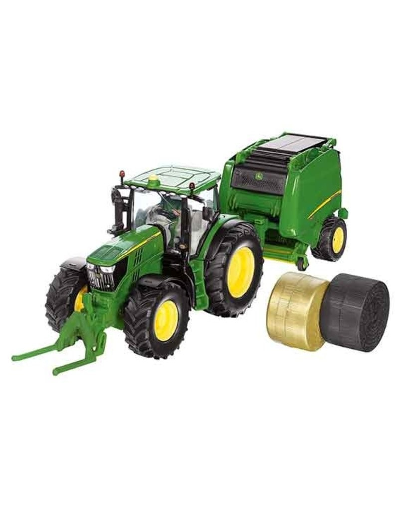 Siku John Deere 6.175R Tractor with John Deere 990 Round Baler including a Tractor driver, front mounted bale lifter and 2 bales